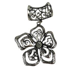 Antique Silver-Tone Floral Pendant Intricate Scrollwork & Rhinestone Centerpiece